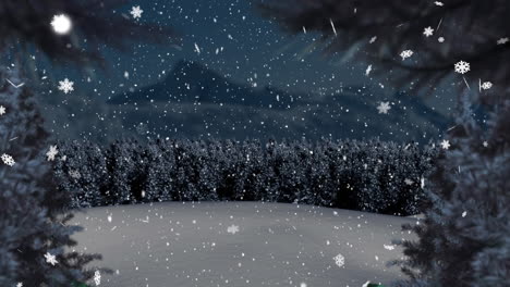 Animation-of-christmas-trees-over-snow-falling-background