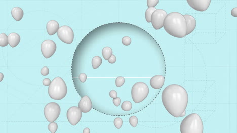 Animation-of-white-balloons-over-slicer-cutting-circle-against-blue-background