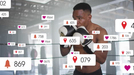 Animation-of-notification-bars-over-african-american-boxer-practicing-punches-in-ring