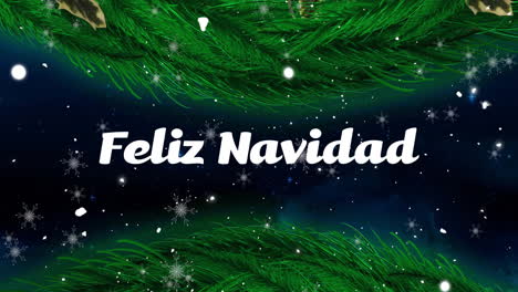 Animation-of-feliz-navidad-text-over-christmas-tree-branches-in-winter-scenery-background