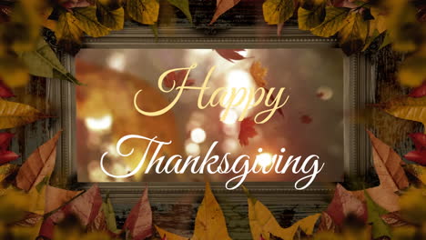 Animation-of-happy-thanksgiving-text-with-falling-leaves-in-mirror-with-wooden-frame-on-leaves