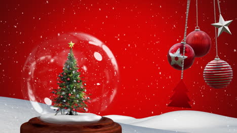 Animation-Von-Weihnachtskugeldekorationen-über-Schneekugel-Weihnachtsbaum-Auf-Rotem-Hintergrund