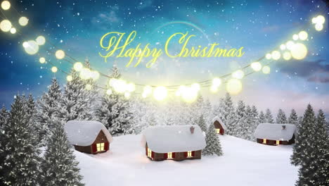 Animation-of-snowfall,-happy-christmas-text,-lights,-house-and-trees-against-night-sky