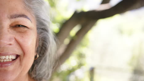 Half-portrait-of-happy-senior-biracial-woman-with-grey-hair-in-sunny-nature,-copy-space,-slow-motion