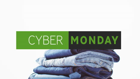 Animation-of-cyber-monday-text-over-denim-trousers-on-white-background