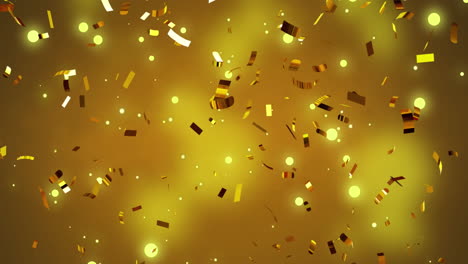 Animation-Von-Goldenem-Konfetti,-Das-über-Scheinwerfer-Auf-Gelbem-Hintergrund-Fällt