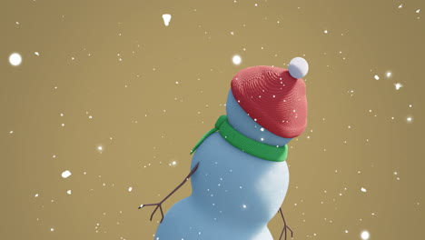 Animation-Eines-Weihnachtlichen-Schneemanns,-Der-Sich-über-Fallenden-Schnee-Auf-Gelbem-Hintergrund-Bewegt