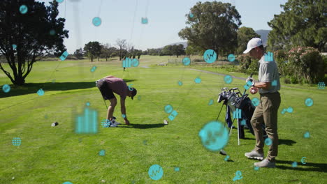 Animation-of-connected-icons-over-caucasian-golf-player-placing-ball-on-ground-for-taking-shot