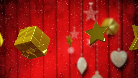 Animation-of-gold-christmas-decoration-on-red-background