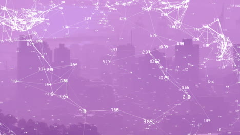 Animation-of-numbers-around-connected-dots-over-aerial-view-of-modern-cityscape