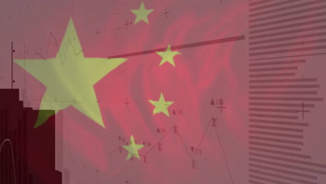 Animation-of-lines-and-3d-bar-graphs-over-national-flag-of-china-in-background