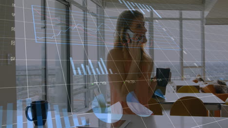 Animation-of-multiple-graphs,-changing-numbers-over-caucasian-woman-talking-on-cellphone-in-office