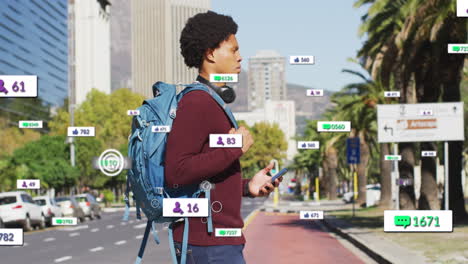 Animation-of-multiple-notification-bars-over-biracial-man-holding-cellphone-crossing-street