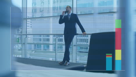 Animation-of-bar-graph-over-biracial-man-standing-against-glass-window-and-talking-on-cellphone