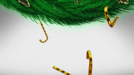 Animation-Von-Zuckerstangen-Weihnachtsdekorationen-über-Tannenzweigen-Auf-Weißem-Hintergrund