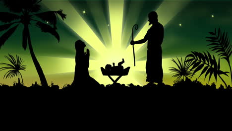 Animation-of-silhouette-of-nativity-scene-over-shooting-star-on-green-background