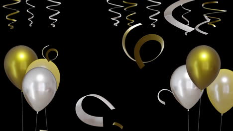 Animation-Von-Goldenen-Und-Silbernen-Luftballons-Mit-Party-Luftschlangen-Auf-Schwarzem-Hintergrund