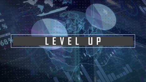 Animation-of-level-up-text-over-infographic-interface-and-globe