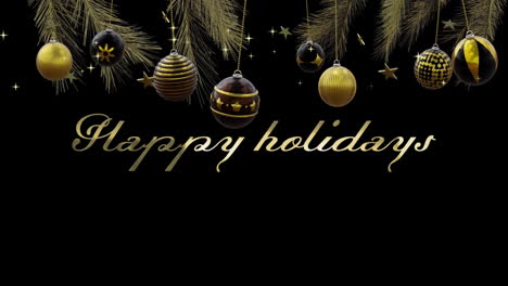 Animation-of-happy-holidays-text-with-baubles,-feathers-and-stars-on-black-background