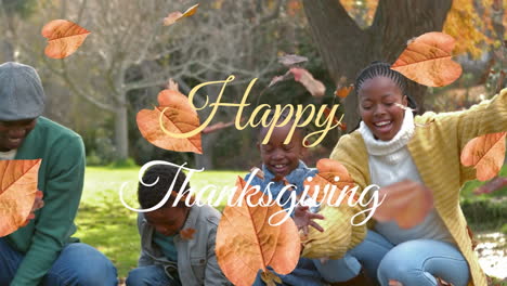 Animation-of-happy-thanksgiving-text-with-leaves,-african-american-family-playing-with-dry-leaves