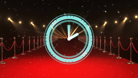 Animation-of-digital-clock-and-falling-confetti-over-stanchions-on-red-carpet-against-spotlights