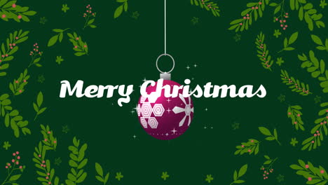 Animation-of-merry-christmas-text-over-and-christmas-bauble-on-green-background