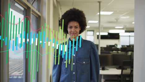 Animation-of-graphs-over-smiling-biracial-woman-wearing-coat-standing-in-office