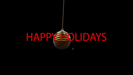 Animation-of-red-happy-holidays-text-with-bauble-hanging-on-black-background