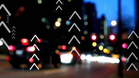 Animation-of-multiple-up-arrows-over-blurred-vehicles-moving-on-street-in-city