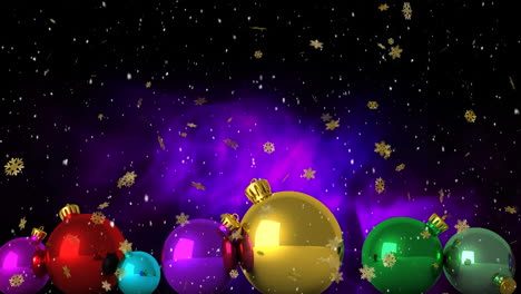 Animation-of-christmas-baubles-over-snow-falling-background