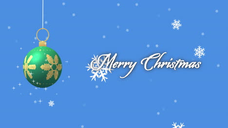 Animation-Von-Frohe-Weihnachten-Text-über-Und-Weihnachtskugel-Auf-Blauem-Hintergrund