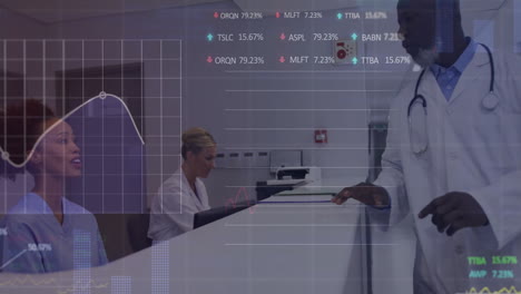 Animation-of-graphs,-trading-boards-over-diverse-nurse-handing-patient-reports-to-male-doctor