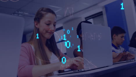 Animation-of-binary-codes,-mathematical-equation-over-caucasian-girl-using-laptop-in-classroom