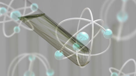 Animation-Von-Atomen-über-Einer-Reagenzglasschale-Im-Labor-Auf-Grauem-Hintergrund