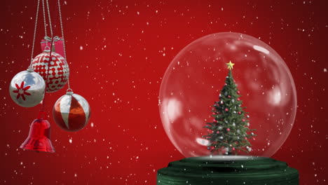 Animation-of-christmas-baubles,-snow-globe-and-snow-falling-on-red-background