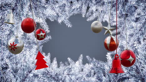 Animation-of-christmas-bauble-decorations-over-fir-tree-branches-background