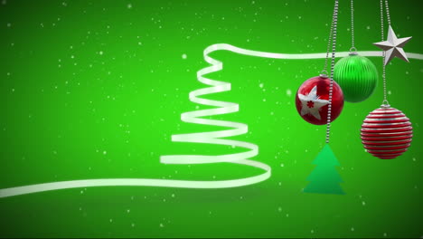 Animation-of-christmas-baubles-decorations-over-christmas-tree-on-green-background