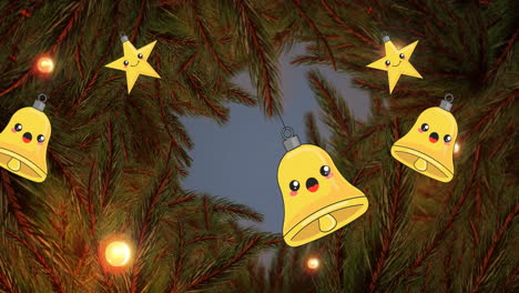 Animation-of-hanging-bells-and-stars-over-lights-on-tree-branches-against-abstract-background