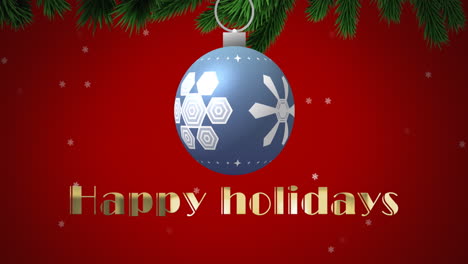 Animation-of-happy-holidays-text-and-christmas-bauble-on-red-background