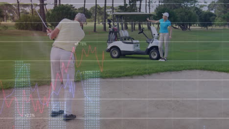 Animation-of-multiple-graphs,-changing-numbers-over-caucasian-senior-golf-player-hitting-the-ball