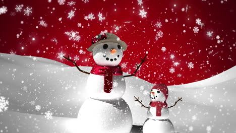 Animation-of-snowmen-over-snow-falling-on-red-background