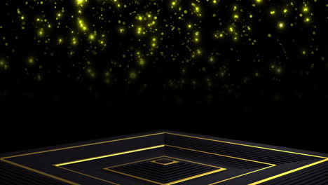 Animation-of-gold-spots-of-light-and-pattern-on-black-background
