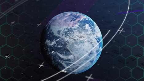 Animation-Von-Kreisen,-Sechsecken-über-Einem-Rotierenden-Globus-Vor-Abstraktem-Hintergrund