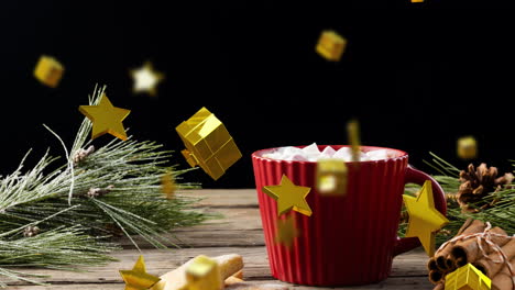 Animation-Von-Sternen-Und-Geschenken-Weihnachtsdekorationen-über-Rotem-Becher-Mit-Schokolade-Auf-Schwarzem-Hintergrund