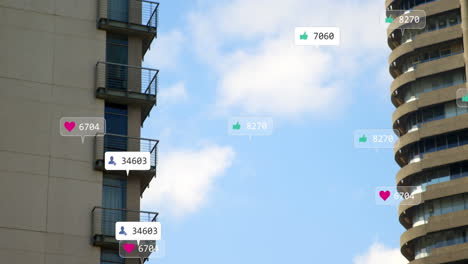 Animation-of-multiple-notification-bars-over-modern-buildings-against-cloudy-sky