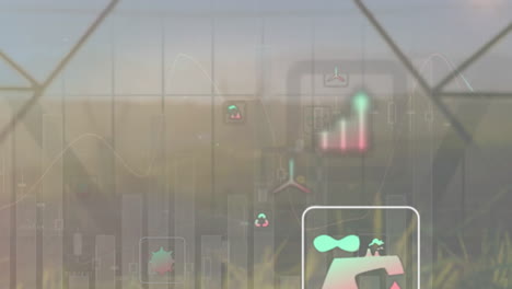 Animation-of-multiple-icons-and-graphs-view-of-green-field-through-window