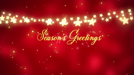 Animation-of-season's-greetings-text-over-fairy-lights,-spots-of-light-on-red-background