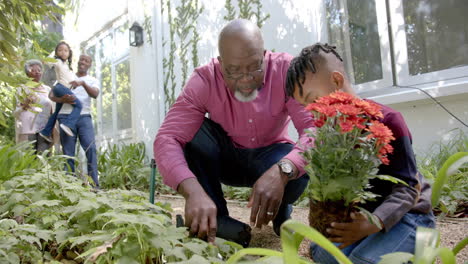 Happy-african-american-grandfather-and-grandson-planting-flowers,-with-family-in-garden,-slow-motion