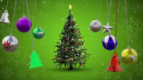 Animation-of-christmas-baubles-decorations-over-christmas-tree-on-green-background