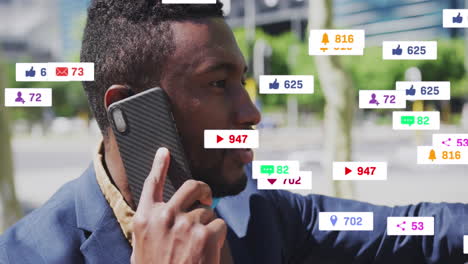 Animation-of-notification-bars-over-close-up-of-african-american-man-talking-on-smartphone